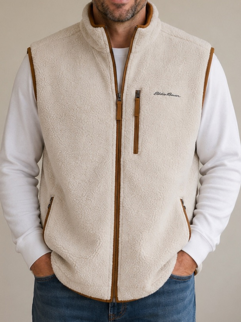 Eddie Bauer Men’s Sherpa Fleece Full Zip Vest Cream Tan Trim Size 2XL